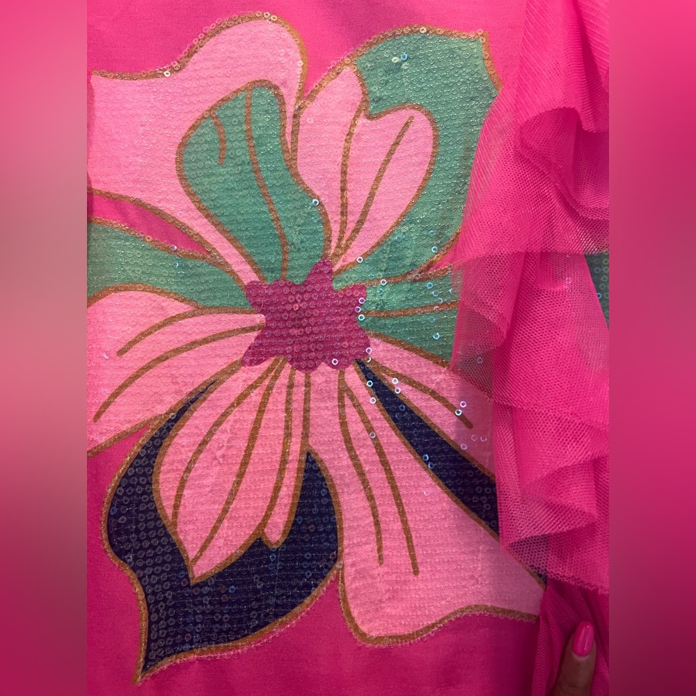 Pink Chiffon Ruffle Tunic with Floral Design - Picture 3 of 5
